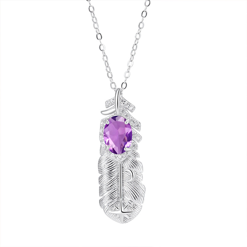 GemVibra Feather Pendant Necklace with Natural Multi-Gemstones (Amethyst, Citrine, Aquamarine, Peridot, Garnet)