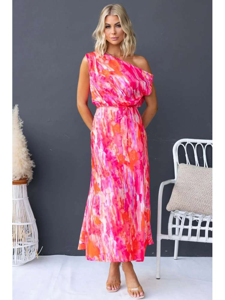 Inclined Shoulder Colorblock Split Hem Maxi Dress