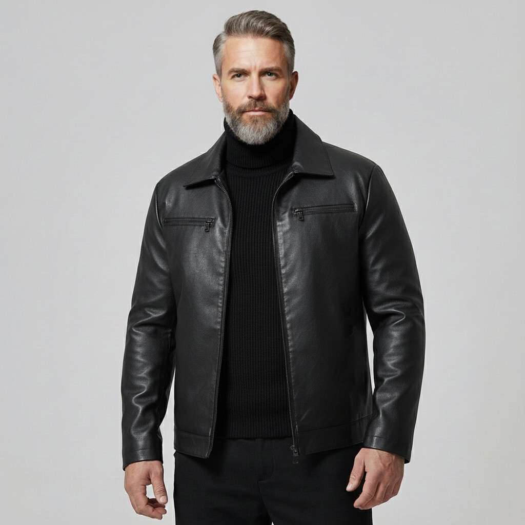 Men's Fashion PU Leather Red Shirt Collar Chest Pocket Zip Up Long Sleeve Jackets