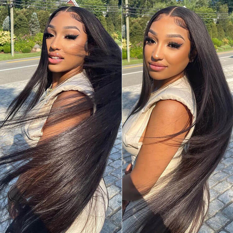 Megalook 13x4 Lace Frontal Straight Wigs Invisible Knots Natural Black Natural Edges Breathable Cap