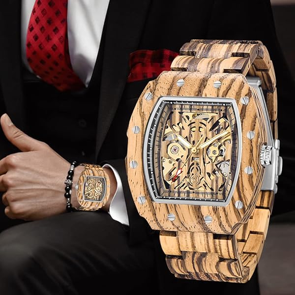 Men's Wooden Watch Triangle Skeleton Automatic Watch Mechanical Wood Watches for Men Brown&silver