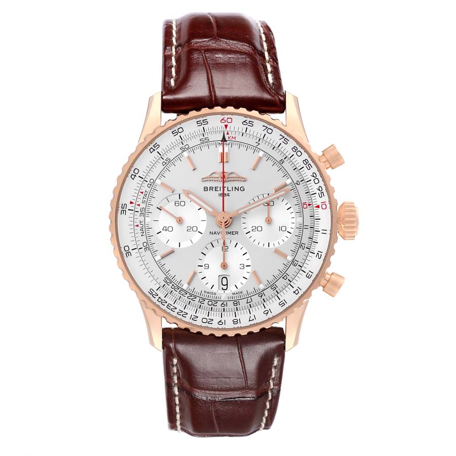 Breitling Navitimer B01 41mm Rose Gold Silver Dial Mens Watch RB0139