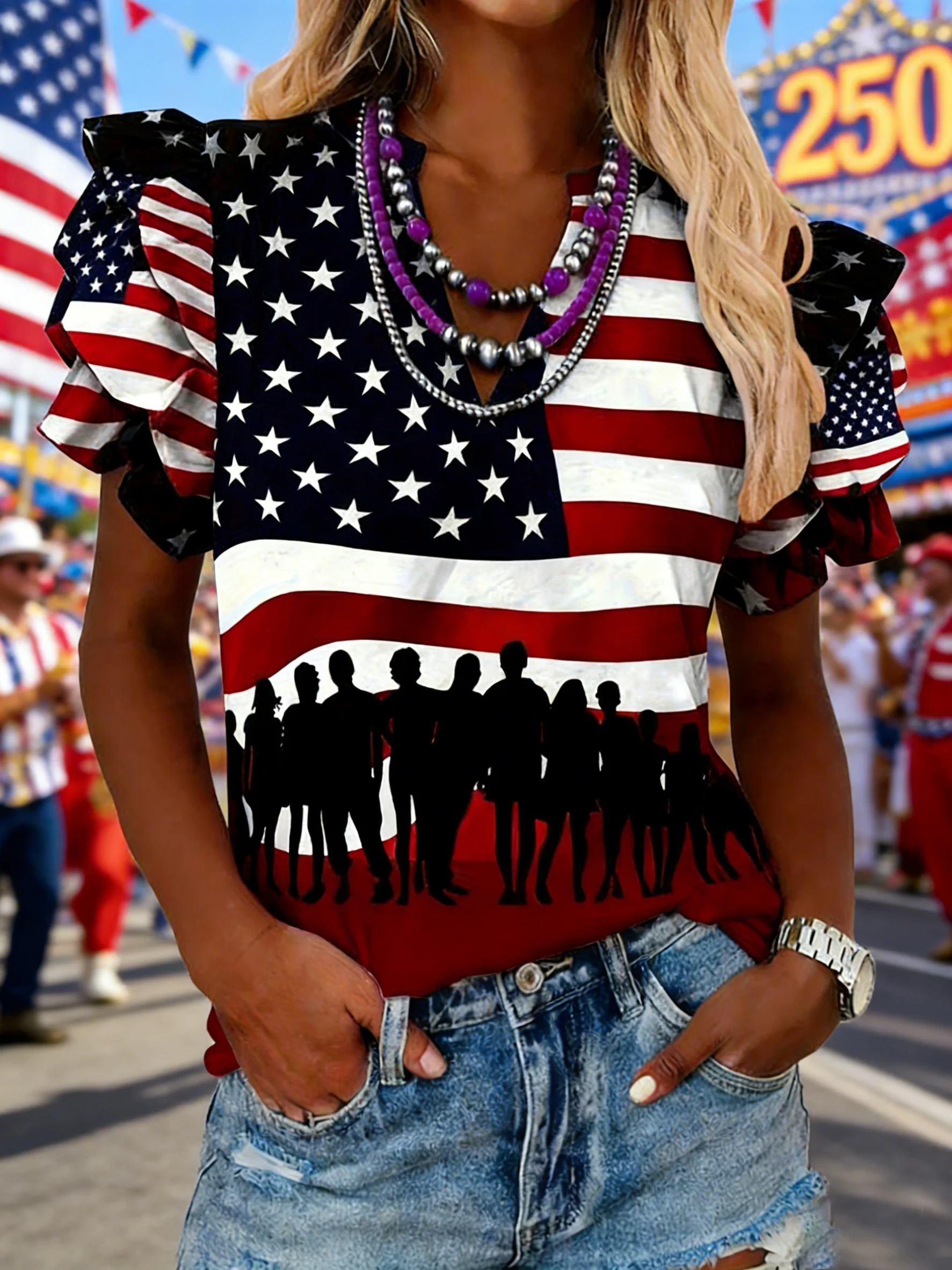 Women's patriotic 250th anniversary printed flag ruffled sleeve top