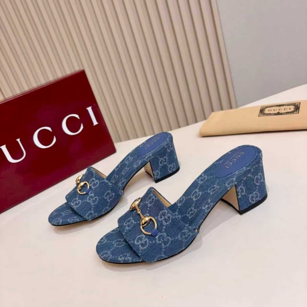 Gucci Women Slide Sandal With Horsebit Blue GG Denim 854882 FAFGT 4746