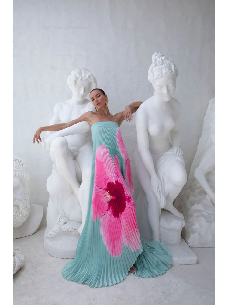Floral Strapless Pleated Swing Maxi Dress