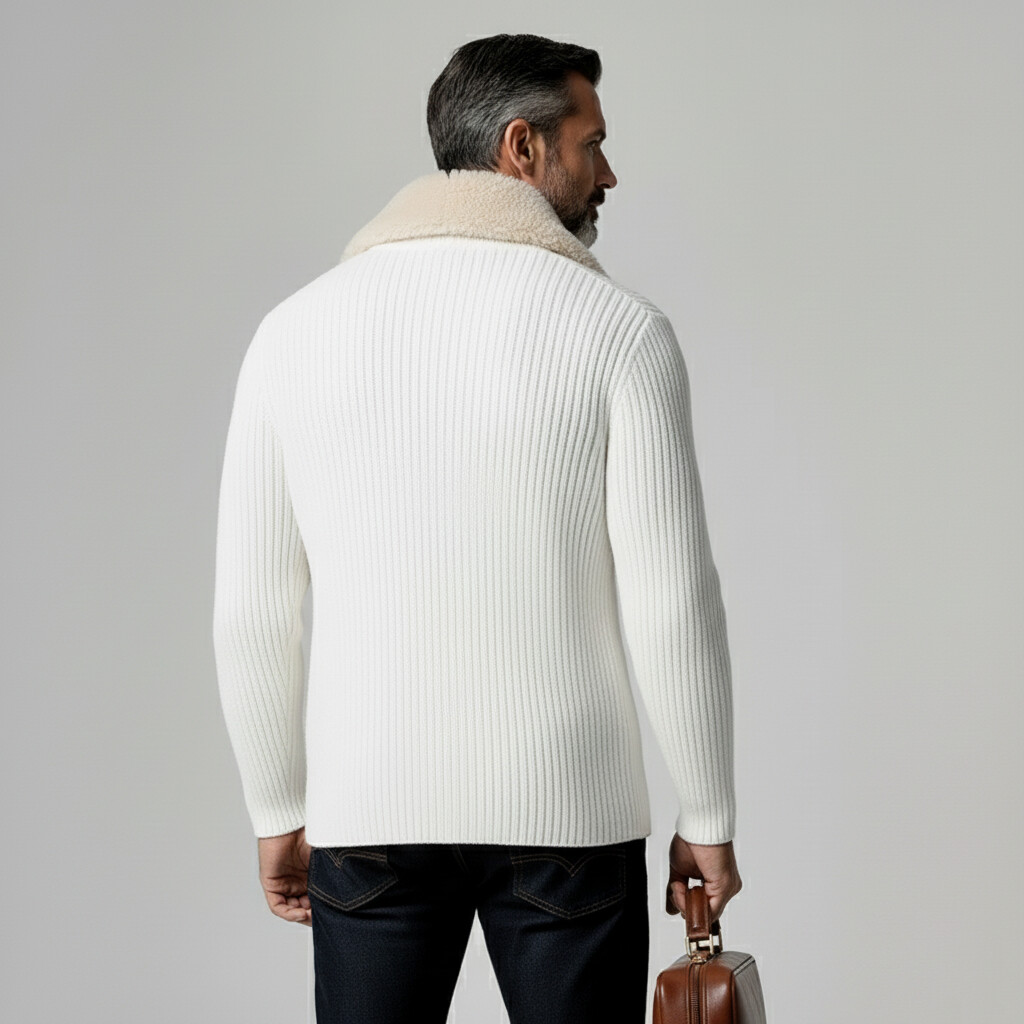 Men's White Shearling Lapel Double-Breasted Long Sleeve Ribbed Knit Blazer