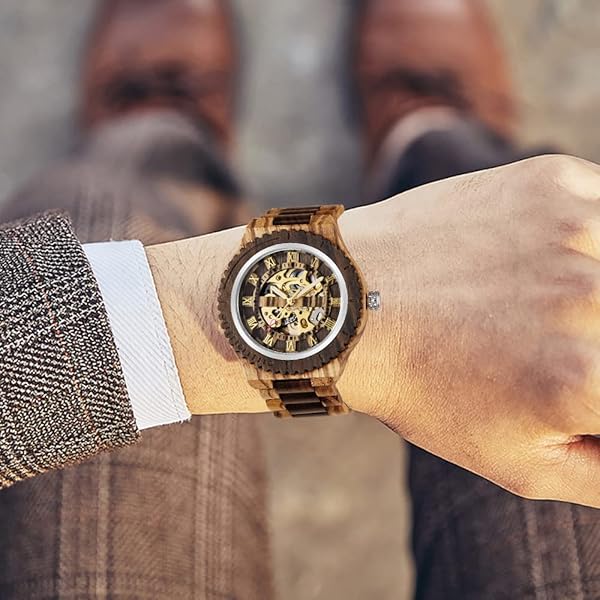 Men's Wooden Watch Triangle Skeleton Automatic Watch Mechanical Wood Watches for Men Brown