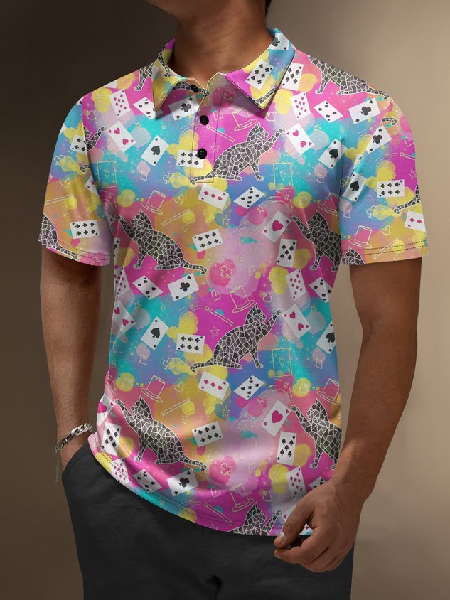 Moisture Wicking Ombre Playing Cards Geometric Cat Short Sleeve Golf Polo