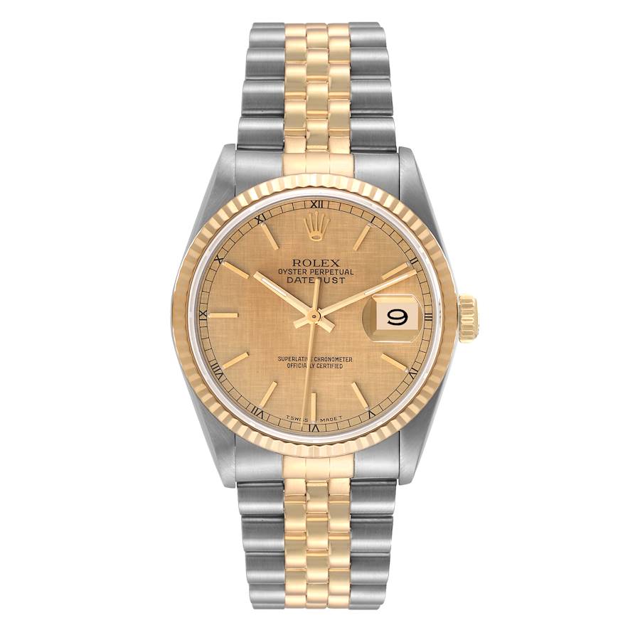 Rolex Datejust Steel Yellow Gold Champagne Linen Dial Mens Watch 16233