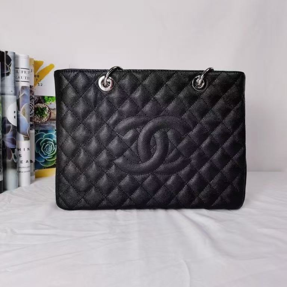 Chanel Grand Shopping Tote Bag Black Caviar Silver Tone Chain 34Cm