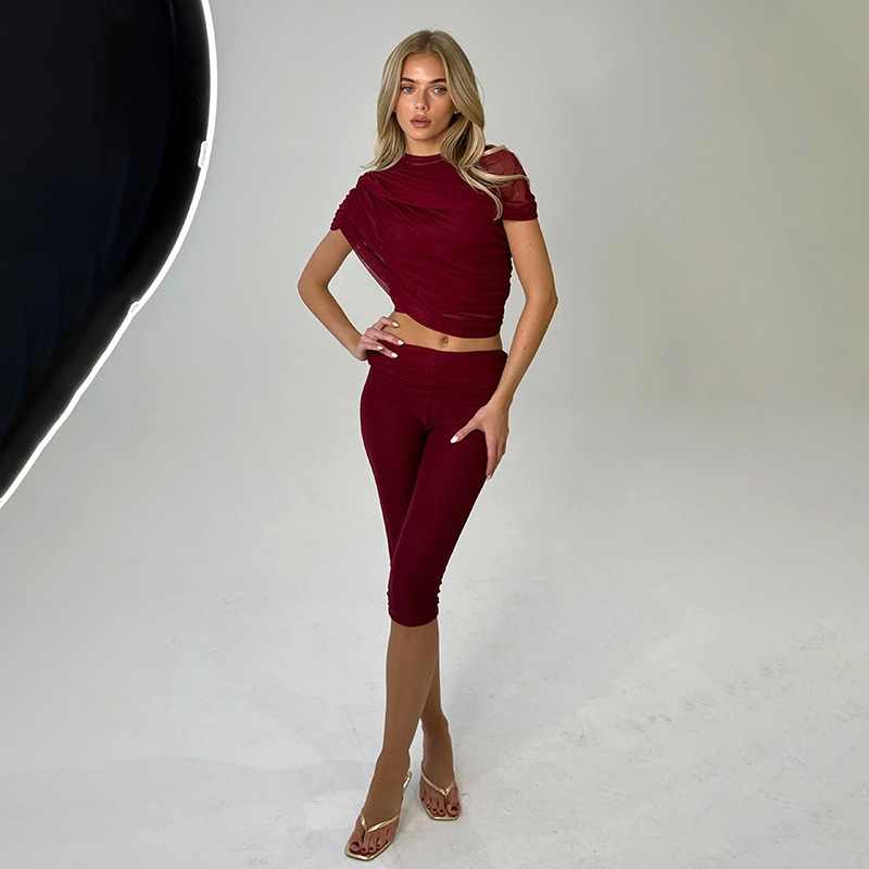 Women Spring Sexy Draped Top and Capri Pants Two-Piece Set