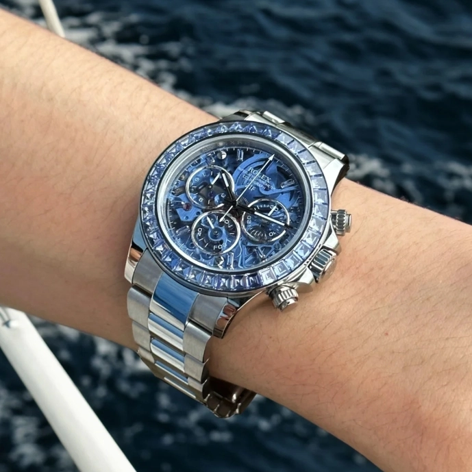 Daytona Arolla N6F Glacial Blue Crystal Skeleton Dial Diamonds Bezel Best Edition on Oyster Bracelet SA4130