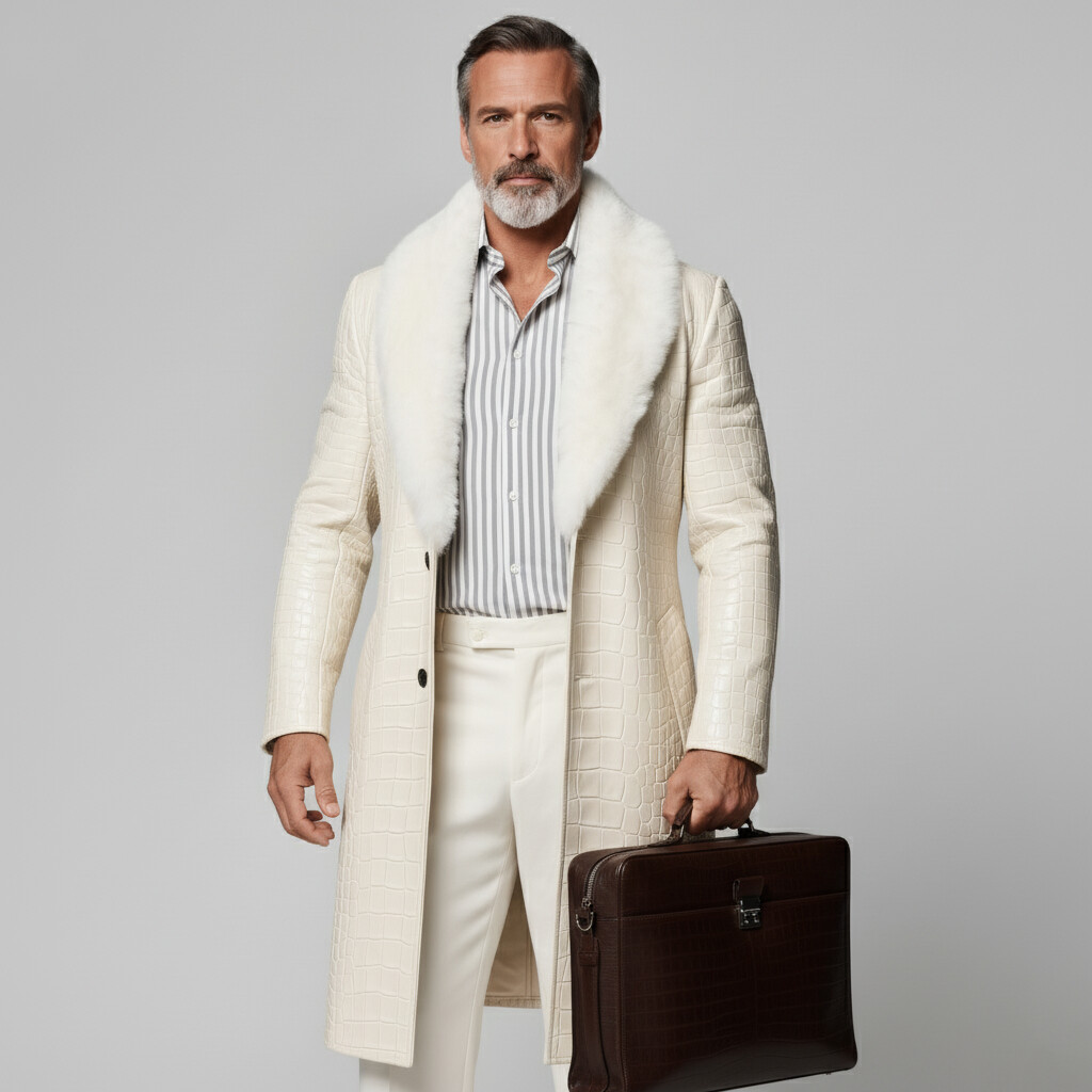 Men's Business Beige Fur Collar Long Sleeve Two Button Mid-Length Crocodile PU Leather Overcoat