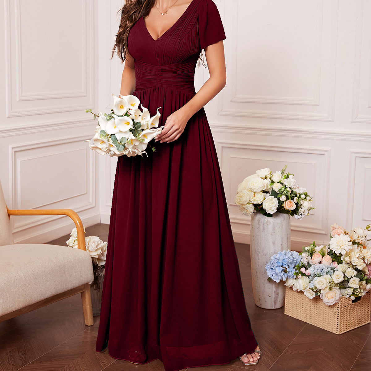 Women V-Neck Prom Bridesmaid Dress