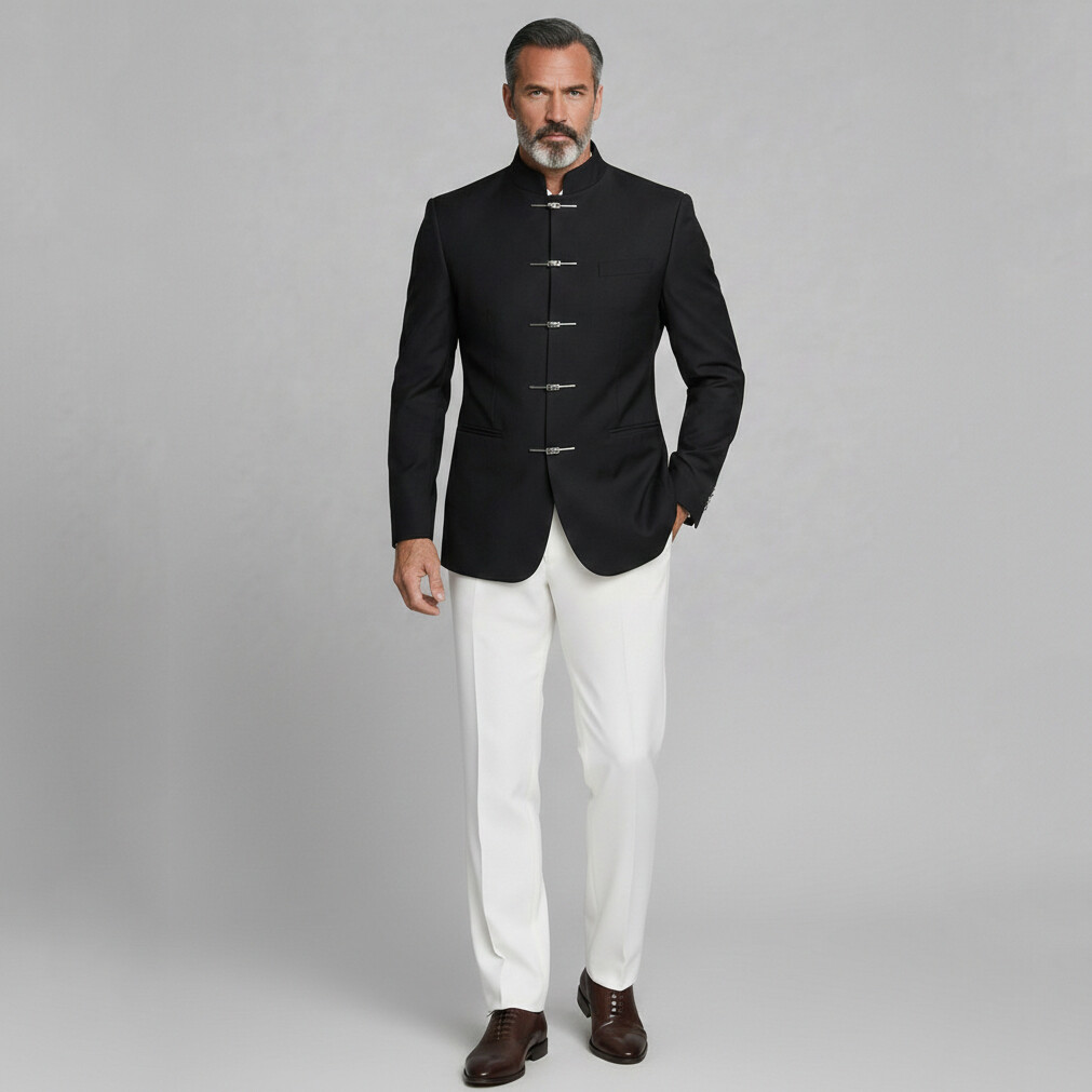 Men's Business Black Stand Collar Single Breasted Pocket Long Sleeve Blazer