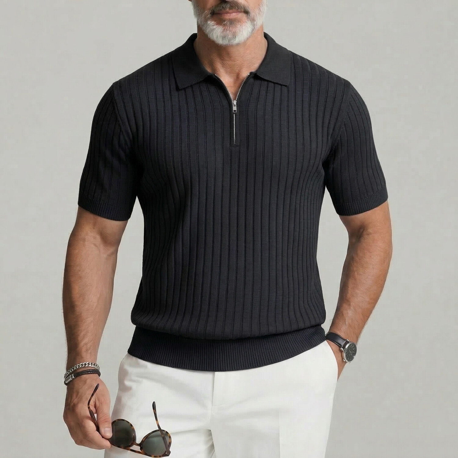 Men's Plain Pit Stripe Knit Short Sleeve Casual Zipper Polo Shirt