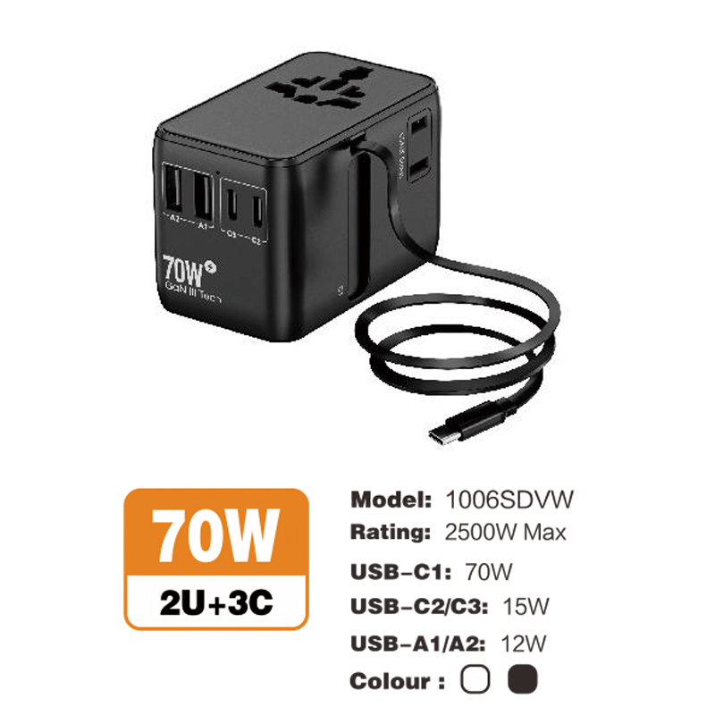 GaN travel adapter Comes with Type-C Retractable Charging Cable