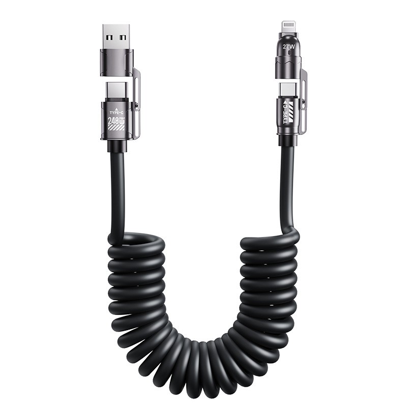 Super Fast Charging 4-in-1 Retractable Spring Data Cable Compatible with All Devices