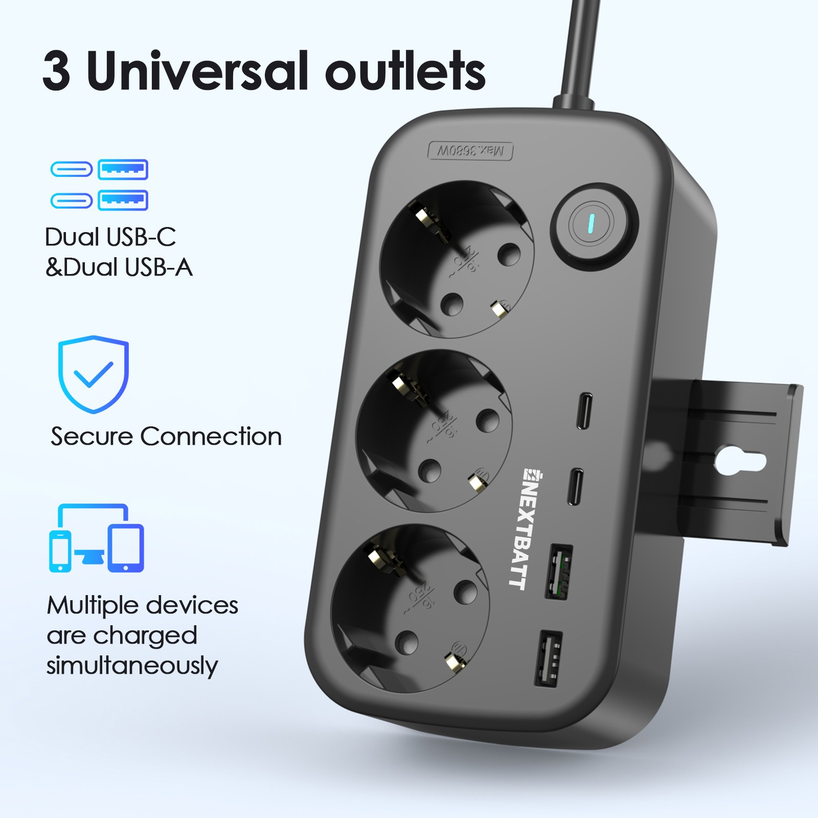 3 AC outlets+2USB-A, 2 Typc-C+ Hooks Power strip