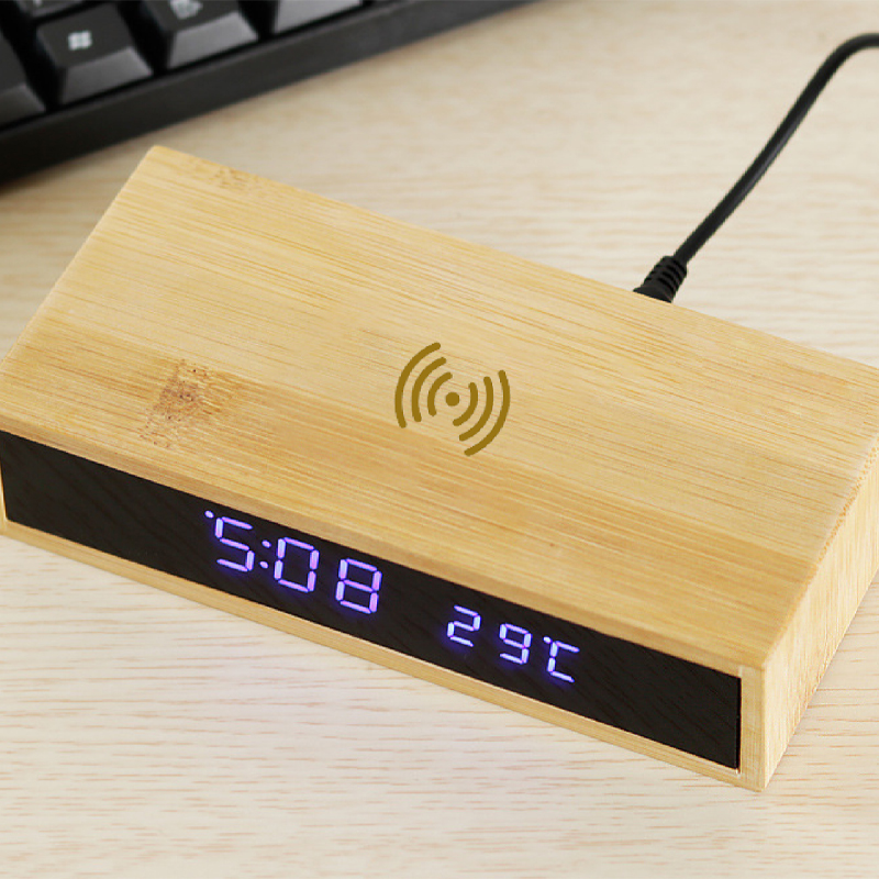 Multifunctional Bamboo & Wood Wireless Charger with LED Display