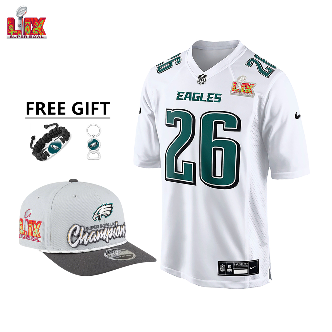 🔥Champ Combo Sale - Philadelphia Eagles Saquon Barkley Nike Tundra White Super Bowl LIX Game Jersey & New Era Gray/Charcoal Super Bowl LIX Champions Adjustable Hat