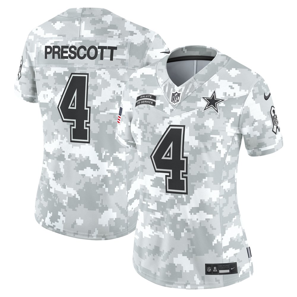 Women's Dallas Cowboys Dak PrescottArctic Camo 2024 Salute to Service Limited Jersey