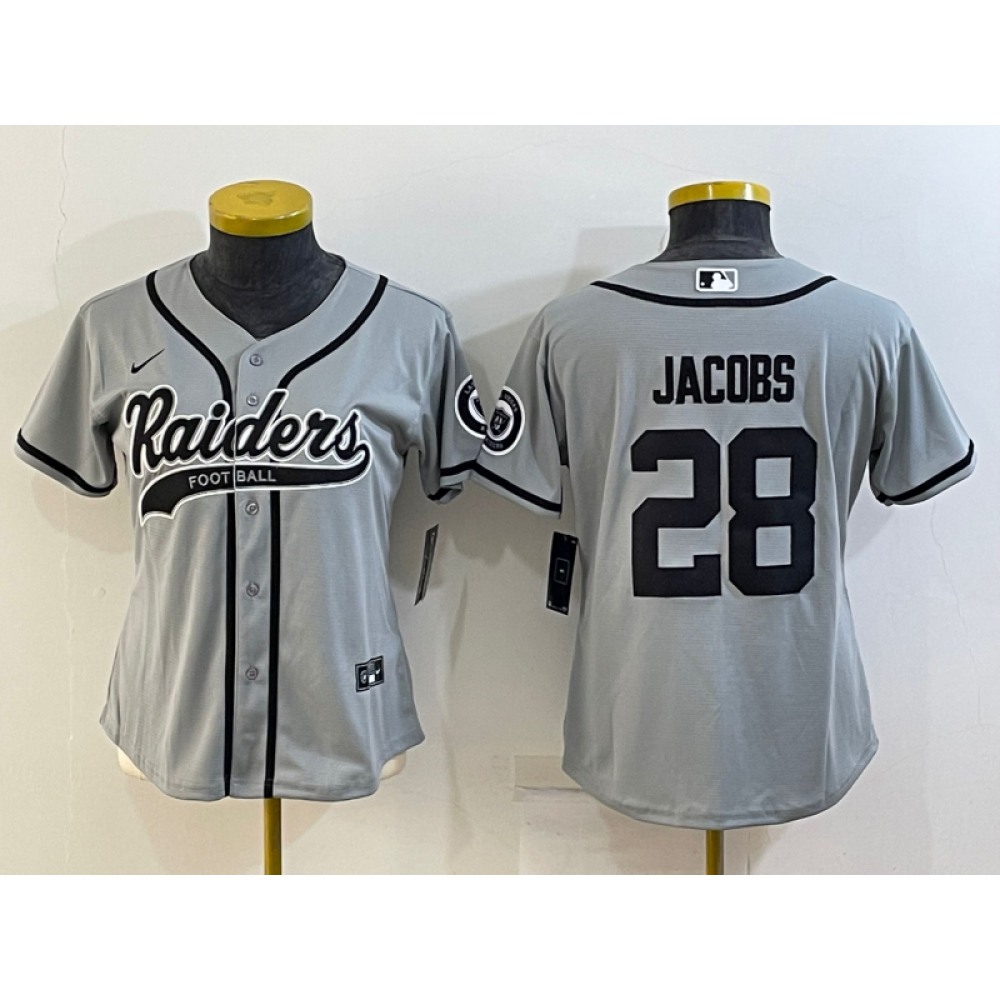 Youth Las Vegas Raiders #28 Josh Jacobs Grey With Patch Cool Base Stitched Baseball Jersey