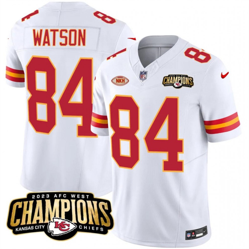 Men's Kansas City Chiefs #84 Justin Watson White 2023 F.U.S.E. AFC West Champions With 