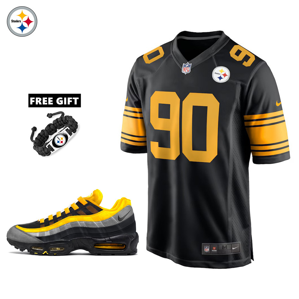 🔥Combo Sale - Pittsburgh Steelers T.J. Watt Nike Black Alternate Game Jersey & Air Max 95 Team Color Sneakers