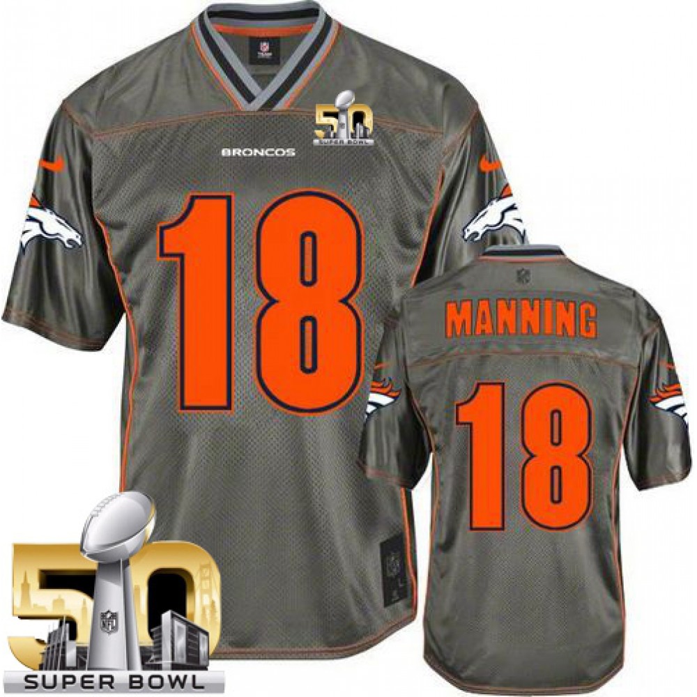 Broncos #18 Peyton Manning Grey Super Bowl 50 Men's Stitched NFL Elite Vapor Jersey