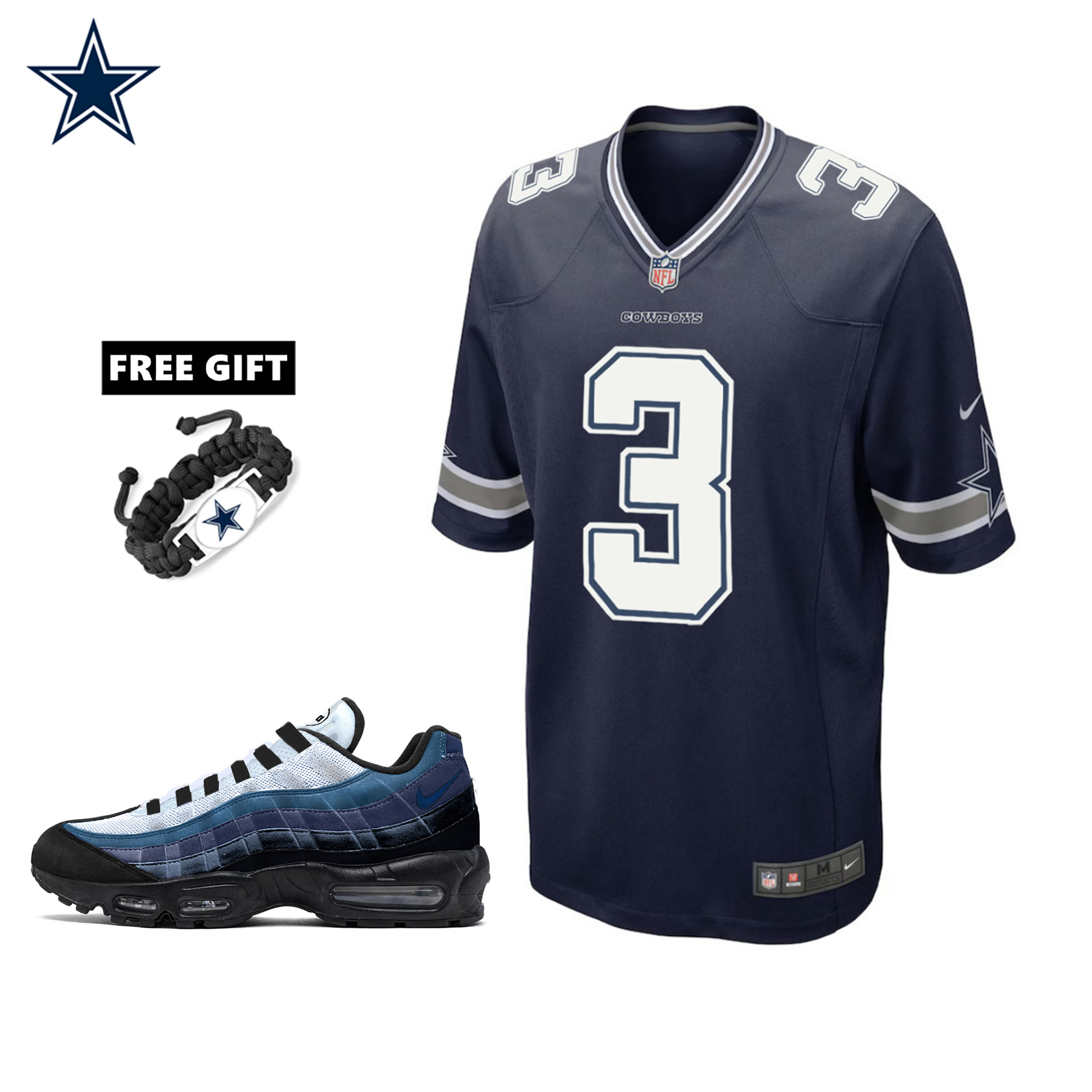 🔥Combo Sale - Dallas Cowboys George Pickens Nike Navy Game Jersey & Air Max 95 Team Color Sneakers