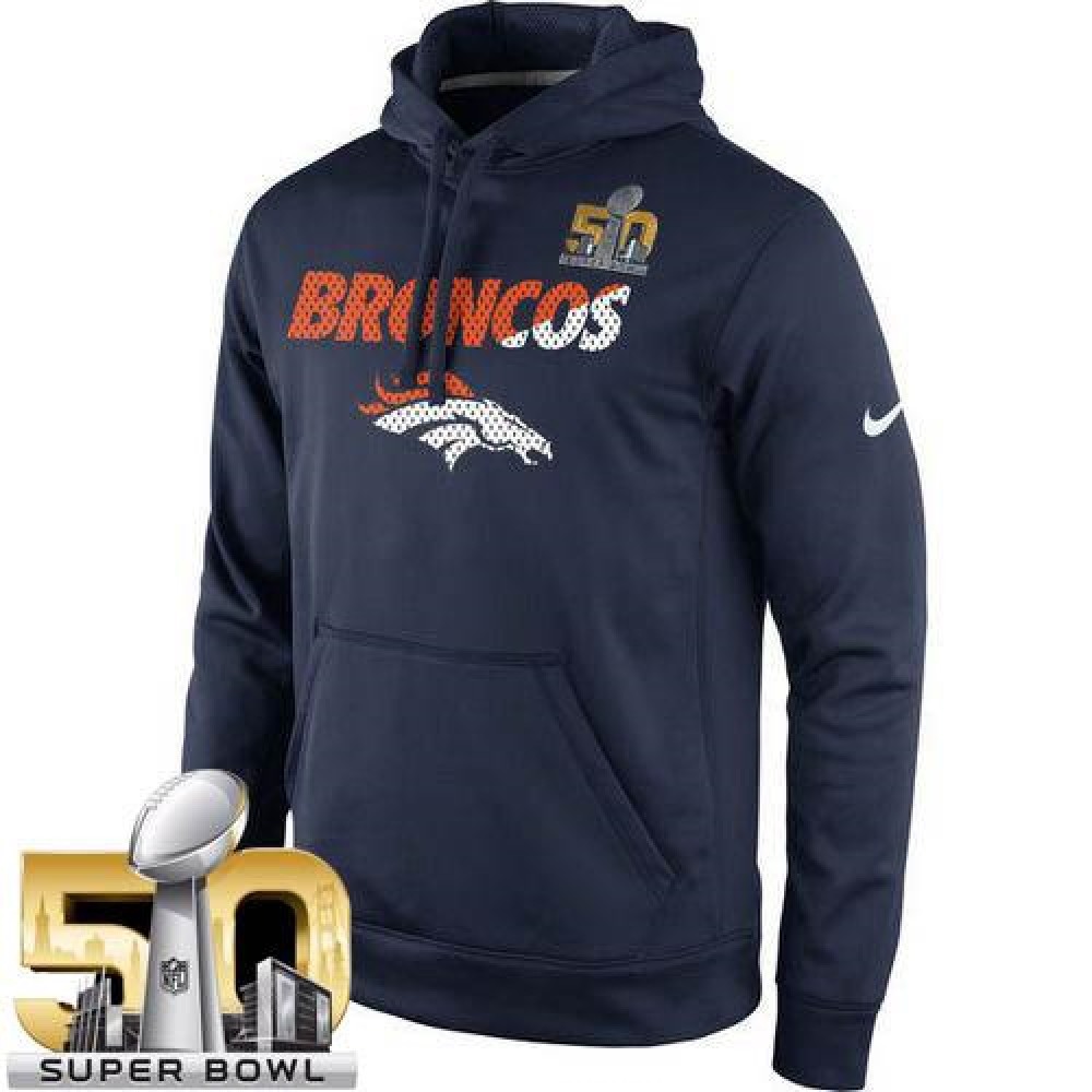 Men's Denver BroncosNavy Super Bowl 50 Kick Off Staff Performance Pullover Hoodie