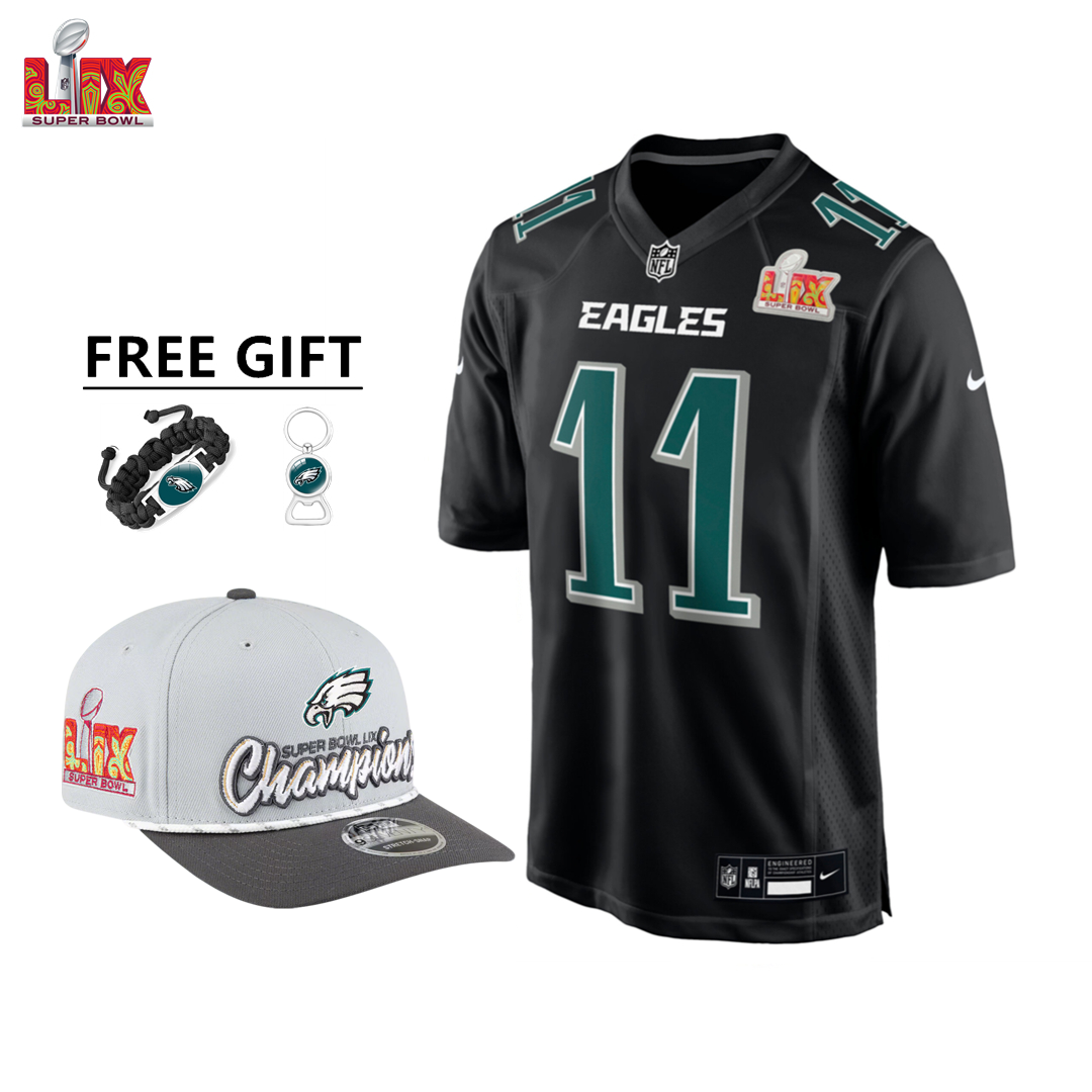 🔥Champ Combo Sale - Philadelphia Eagles A.J. Brown Nike Carbon Black Super Bowl LIX Game Jersey & New Era Gray/Charcoal Super Bowl LIX Champions Adjustable Hat