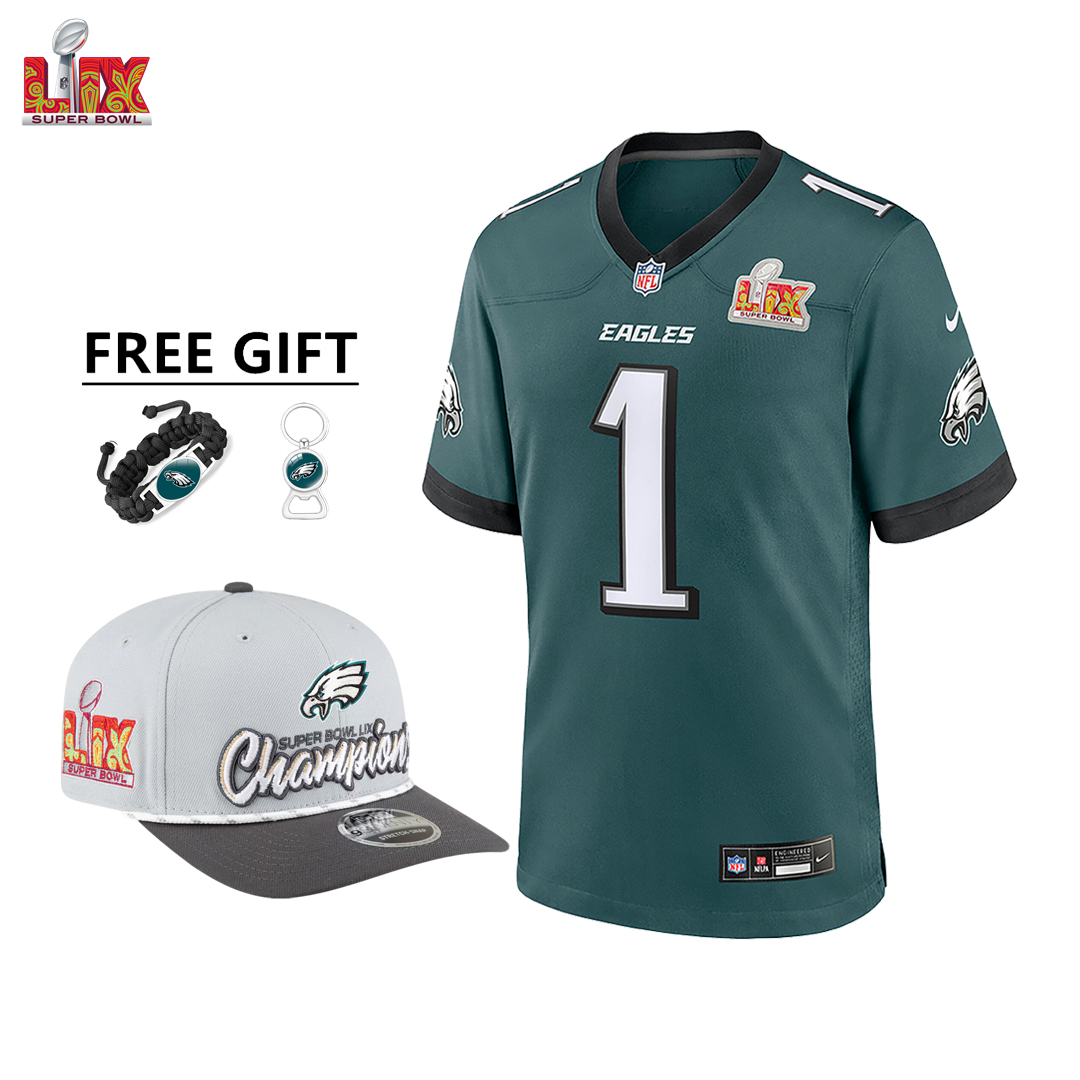 🔥Champ Combo Sale - Philadelphia Eagles Jalen Hurts Nike Midnight Green Super Bowl LIX Game Jersey & New Era Gray/Charcoal Super Bowl LIX Champions Adjustable Hat