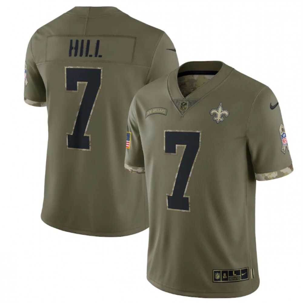 Men's New Orleans Saints #7 Taysom Hill Olive 2022 Salute To Service Limited Stitched Jersey