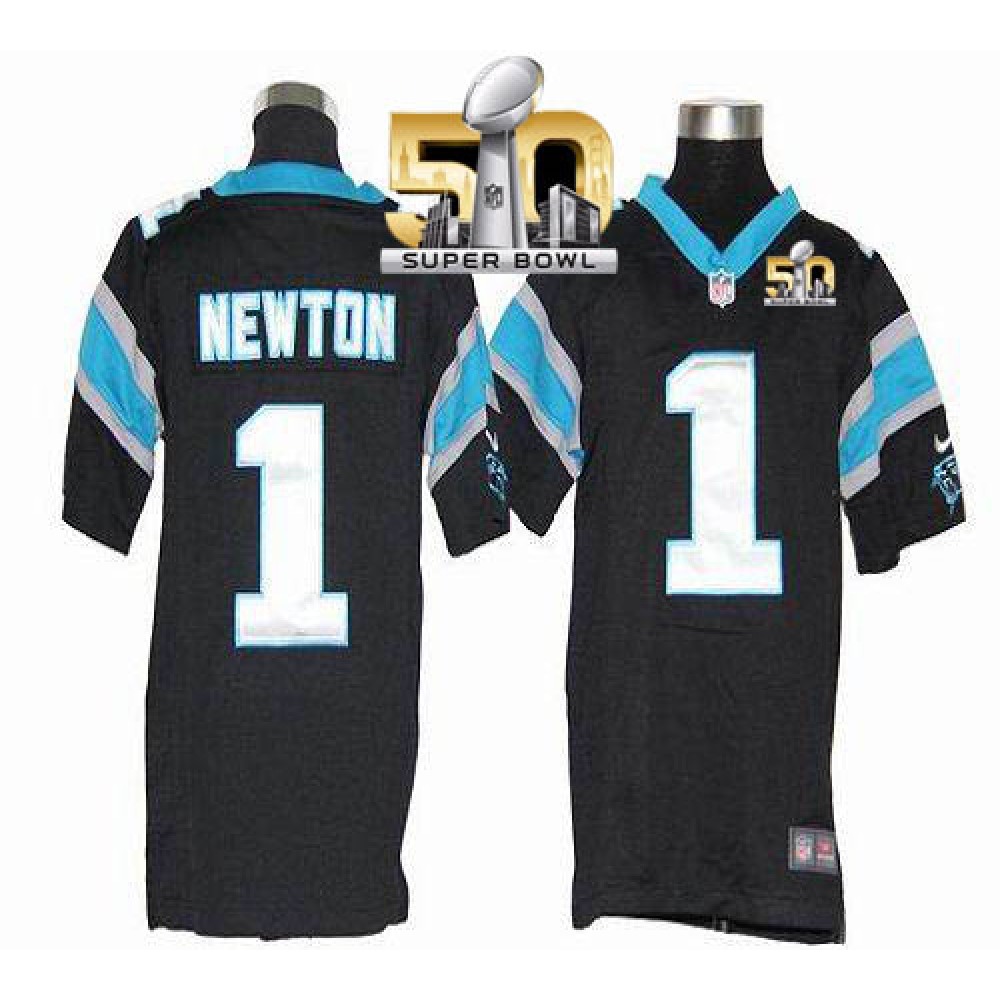 Panthers #1 Cam Newton Black Team Color Super Bowl 50 Youth Stitched NFL Elite Jersey