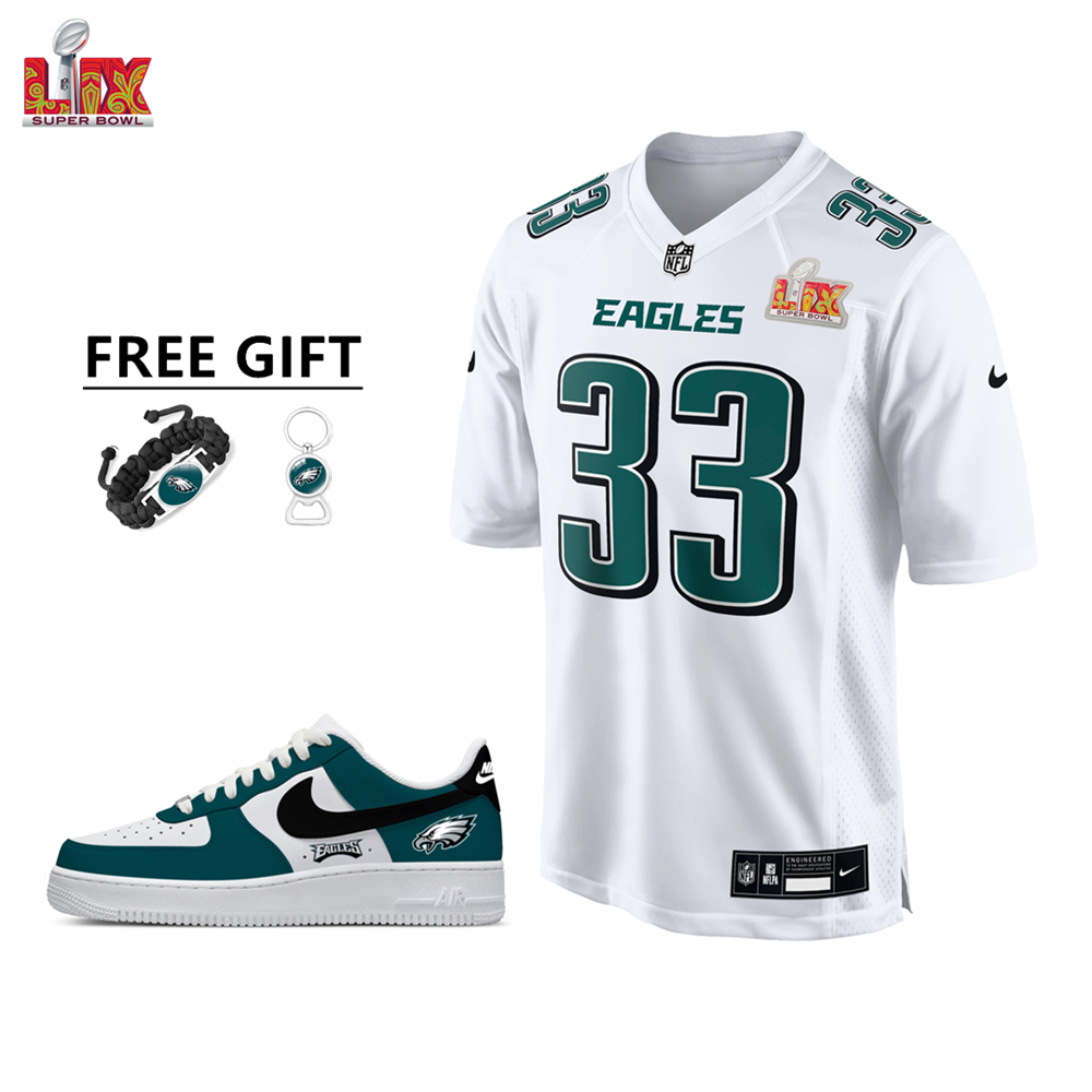 🔥Combo Sale - Philadelphia Eagles Cooper DeJean Nike Tundra White Super Bowl LIX Game Jersey & Air Force 1 Low Team Sneakers