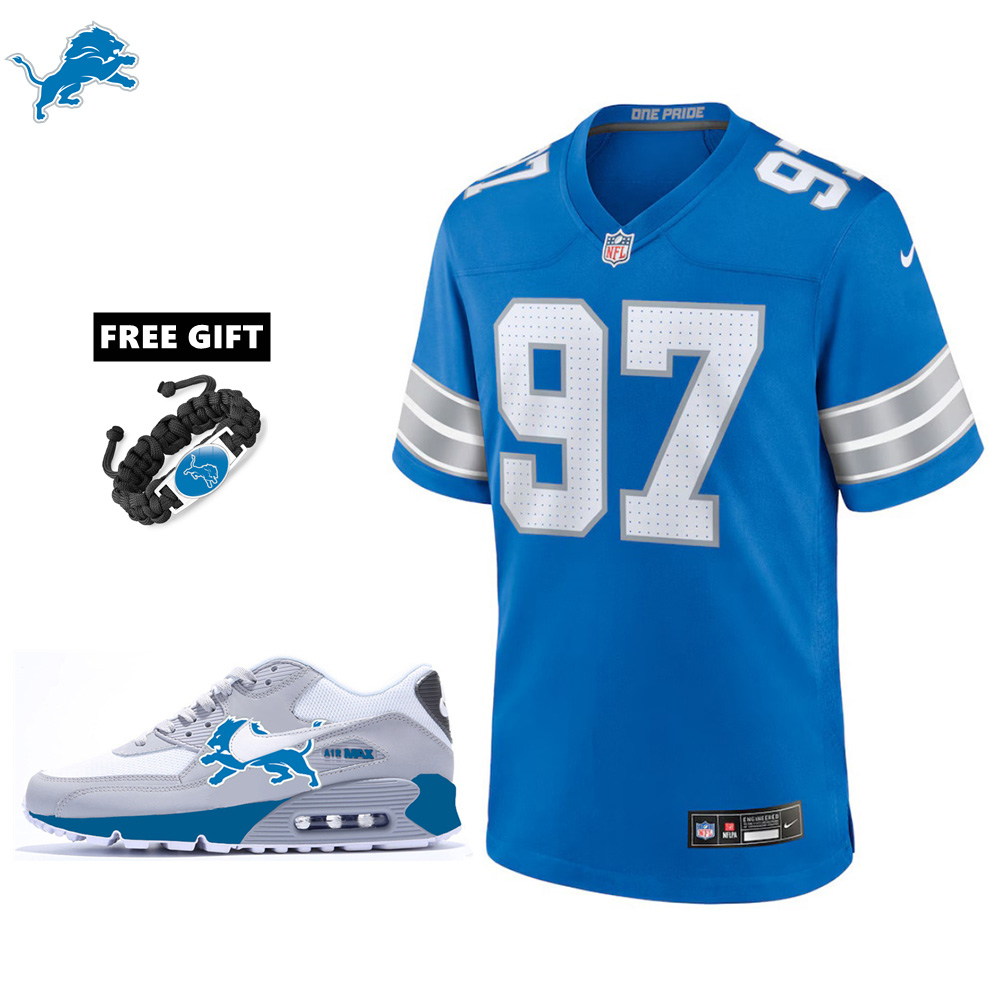 🔥Combo Sale - Detroit Lions Aidan Hutchinson Nike Blue Game Jersey & Air Max 90 Classic Sneakers