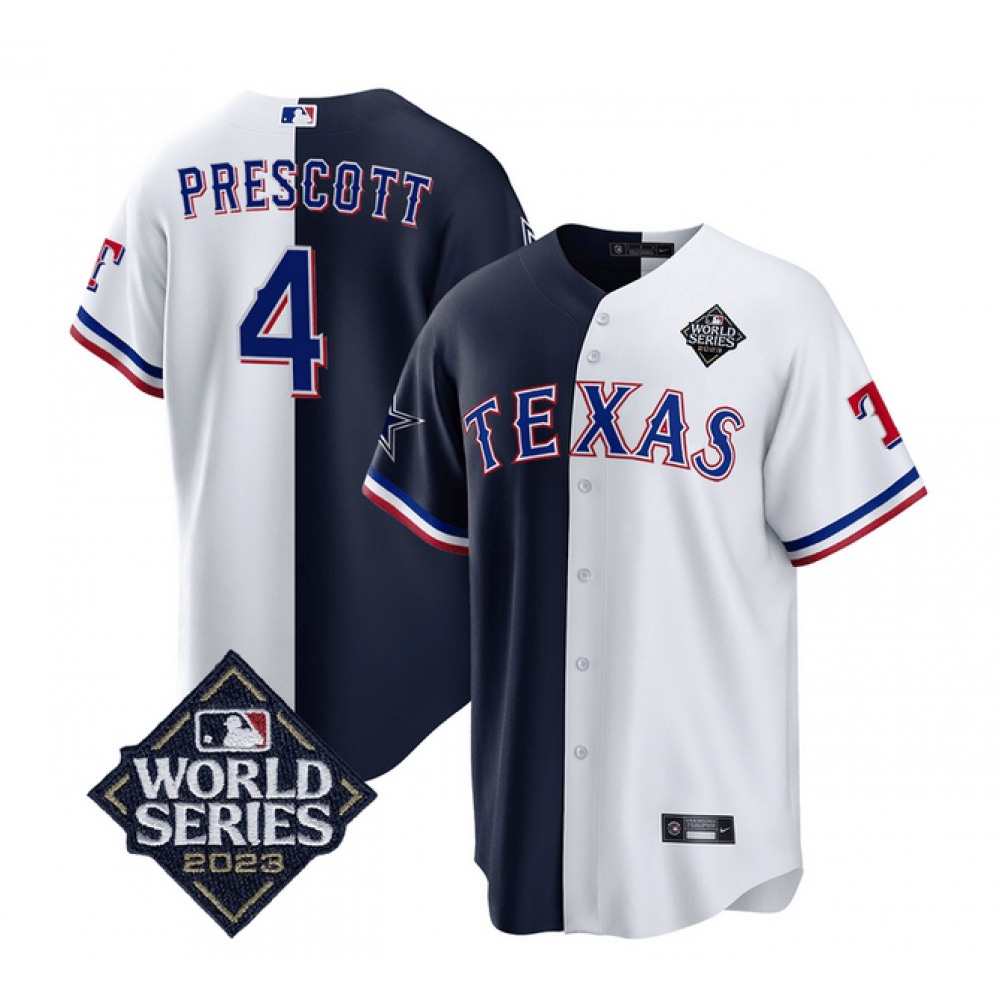 Men's Dallas Cowboys & Texas Rangers #4 Dak Prescott Navy/White Splite 2023 World Series Splite Stitched BaseballJersey