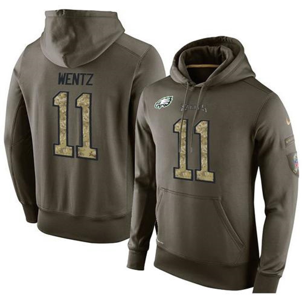 NFL Men'sPhiladelphia Eagles #11 Carson Wentz Stitched Green Olive Salute To Service KO Performance Hoodie