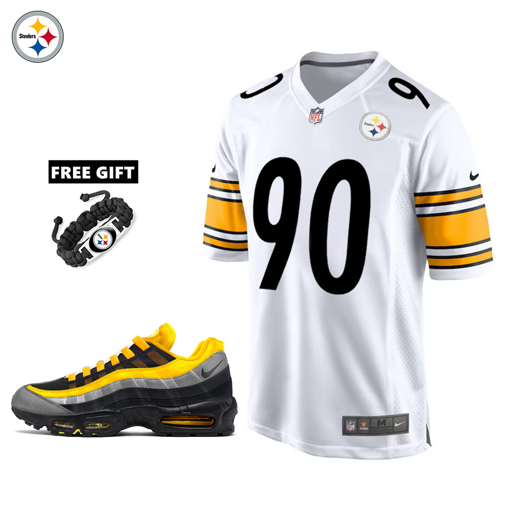 🔥Combo Sale - Pittsburgh Steelers T.J. Watt Nike White Game Jersey & Air Max 95 Team Color Sneakers