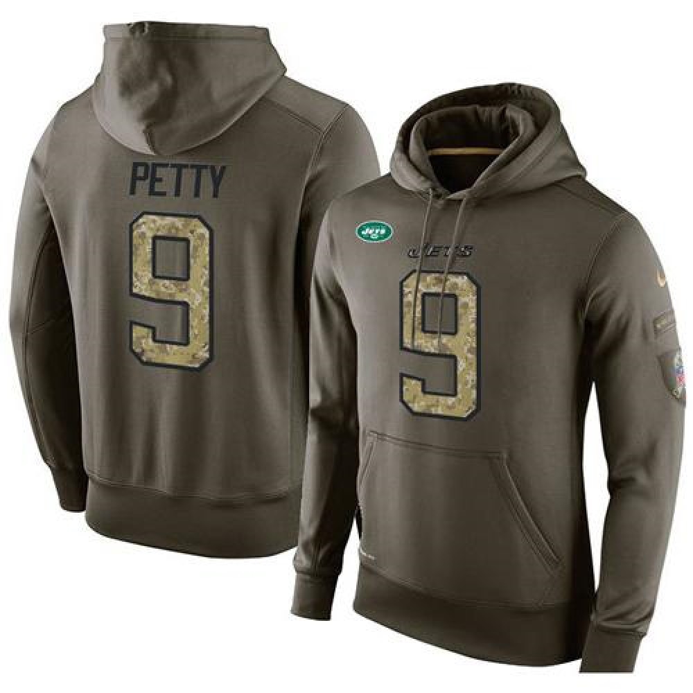NFL Men'sNew York Jets #9 Bryce Petty Stitched Green Olive Salute To Service KO Performance Hoodie