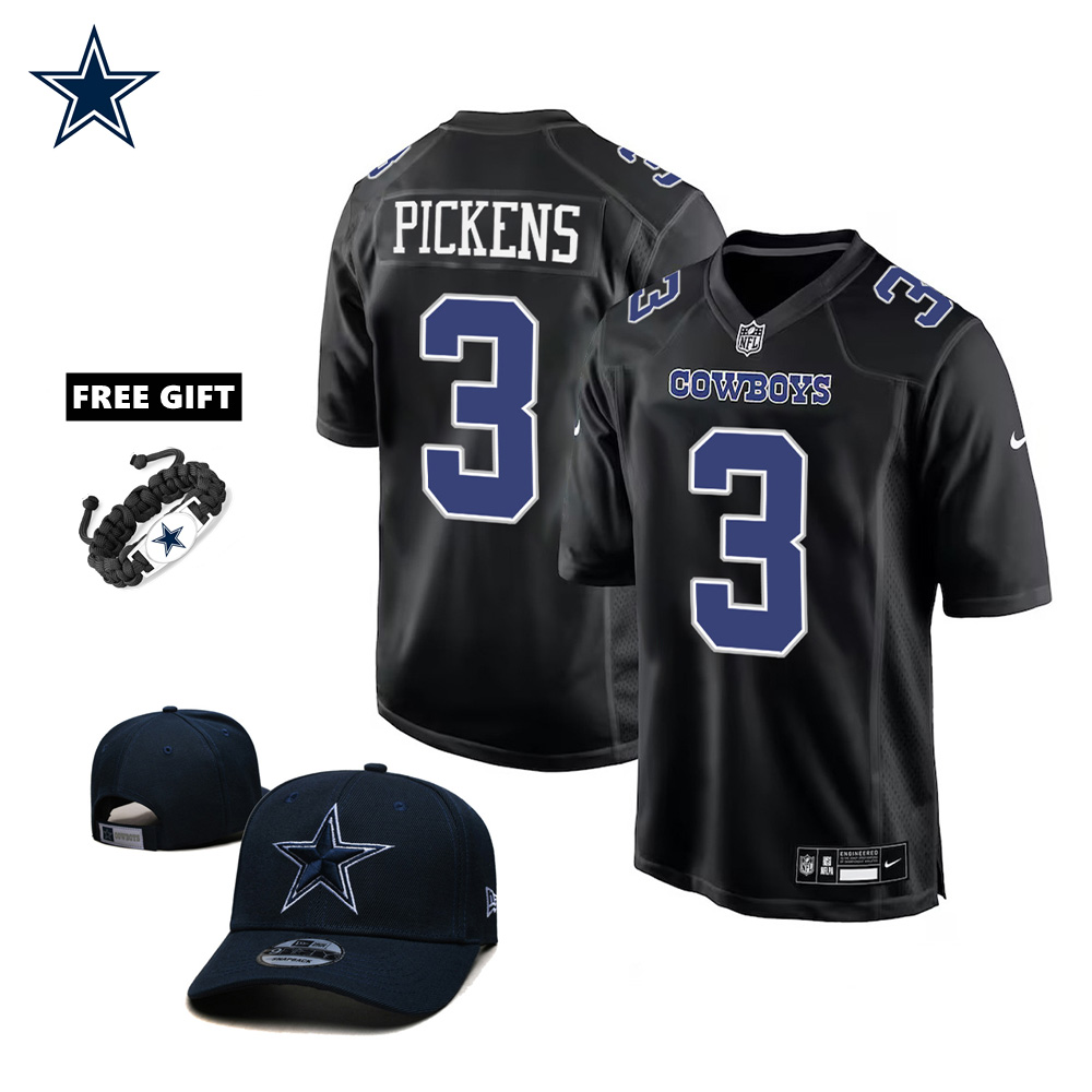 🔥Combo Sale - Dallas Cowboys George Pickens Nike Carbon Black Fashion Game Jersey & New Era Navy Main 9FIFTY Adjustable Hat