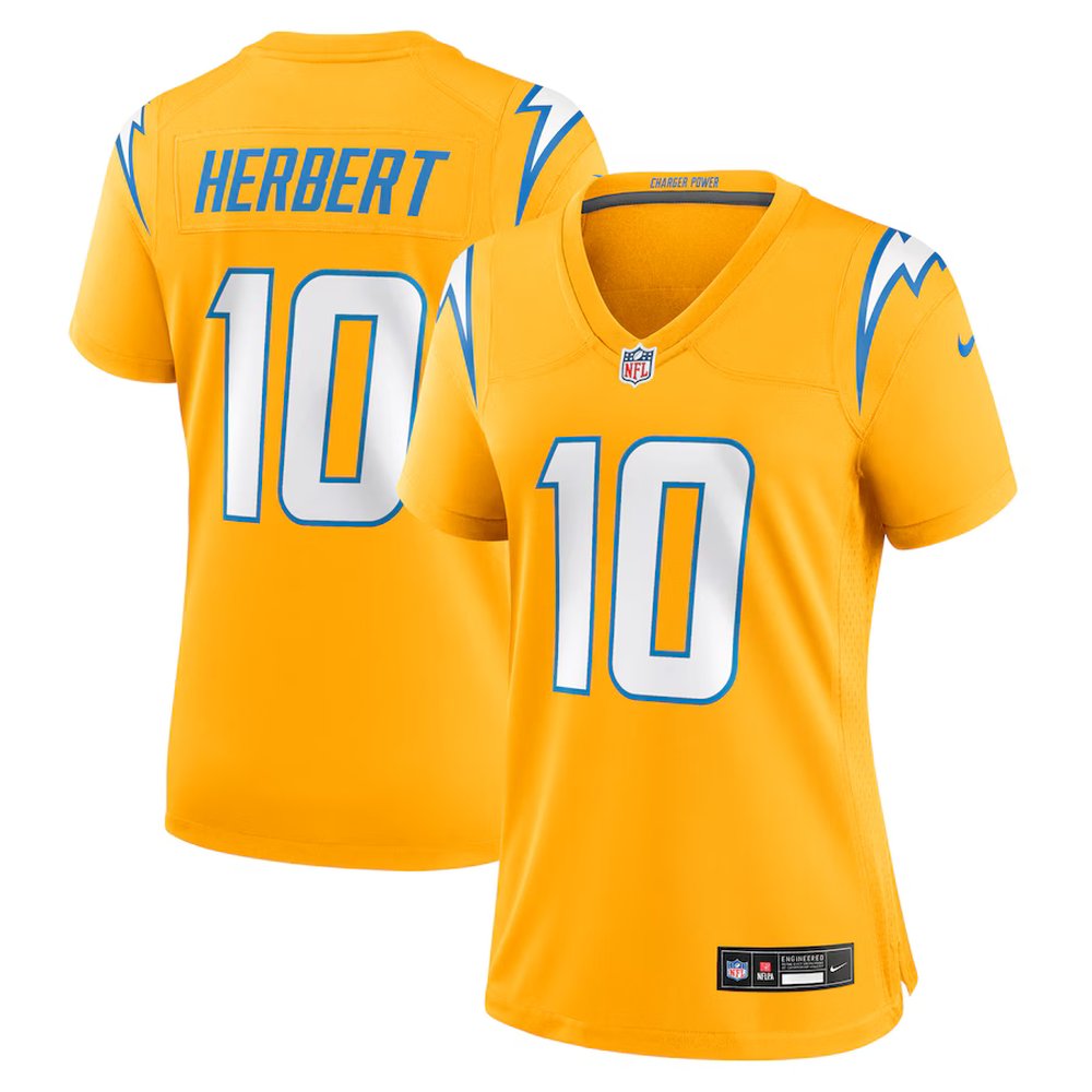 Women's Los Angeles Chargers #10 Justin Herbert Nike Gold Alternate Charger Power Game Jersey