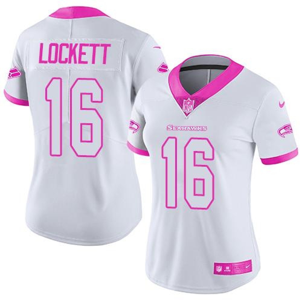 Seahawks #16 Tyler Lockett White/Pink Women's Stitched NFL Limited Rush Fashion Jersey