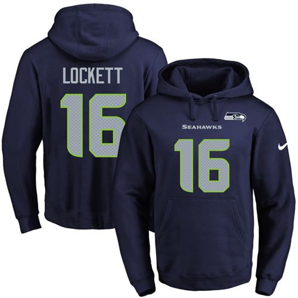 Seahawks #16 Tyler Lockett Navy Blue Name & Number Pullover NFL Hoodie