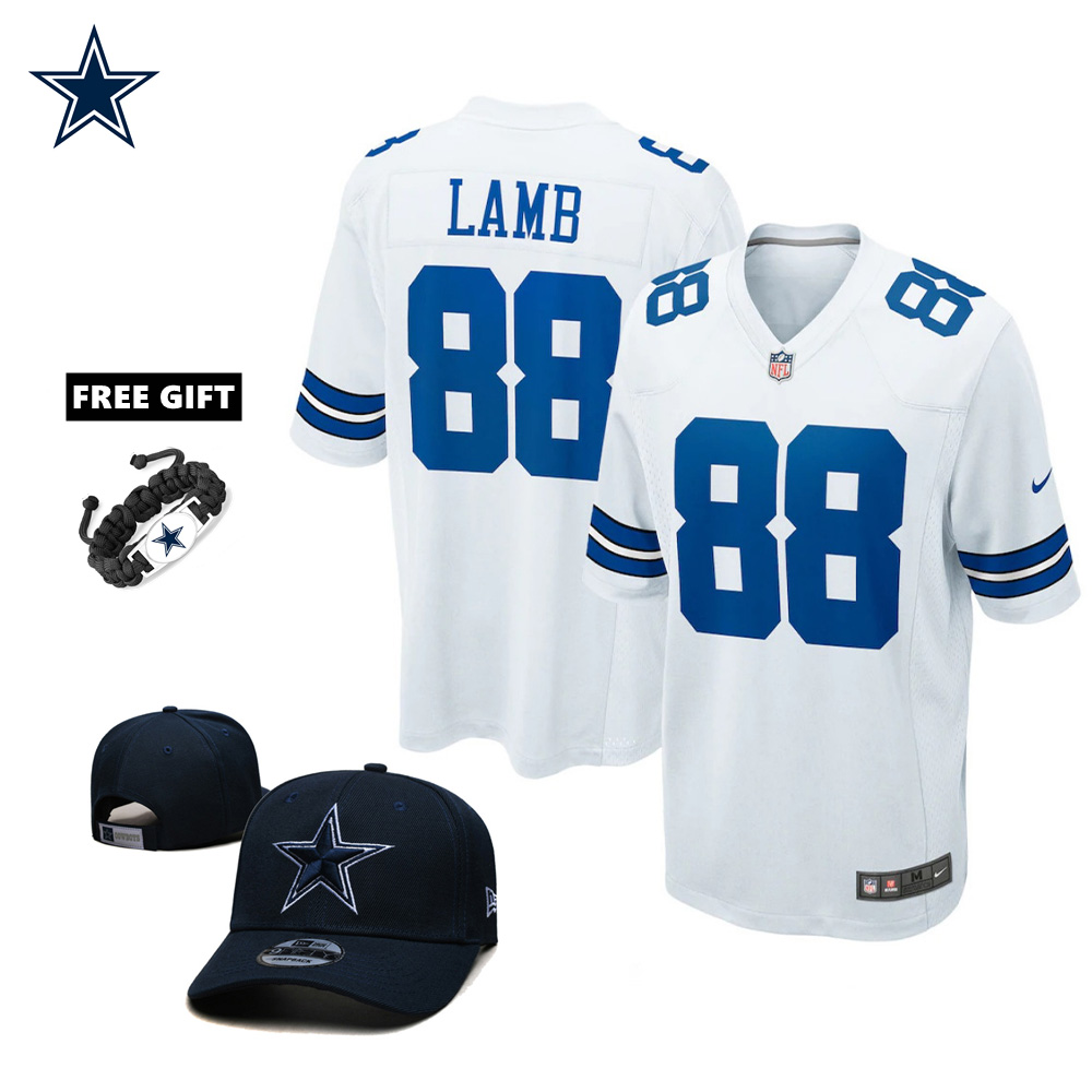 🔥Combo Sale - Dallas Cowboys CeeDee Lamb Nike White Game Jersey & New Era Navy Main 9FIFTY Adjustable Hat