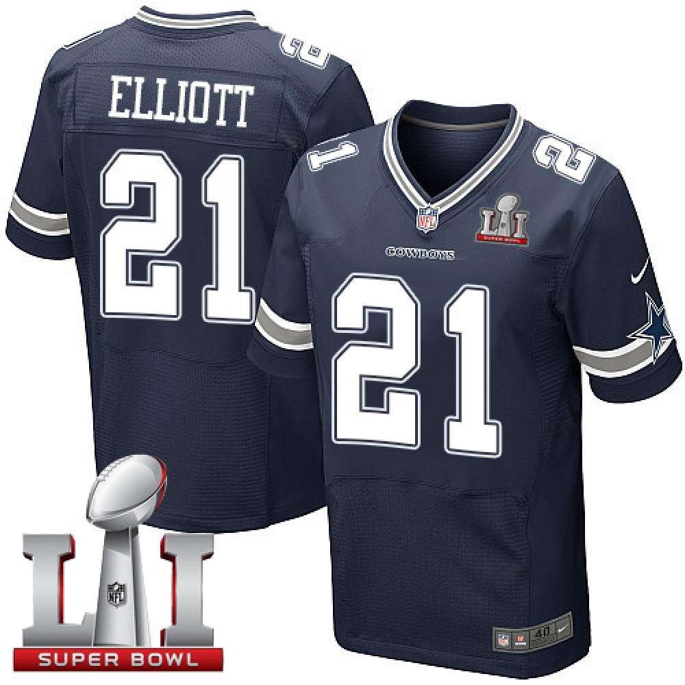 Cowboys #21 Ezekiel Elliott Navy Blue Team Color Men's Stitched NFL Super Bowl LI 51 Elite Jersey