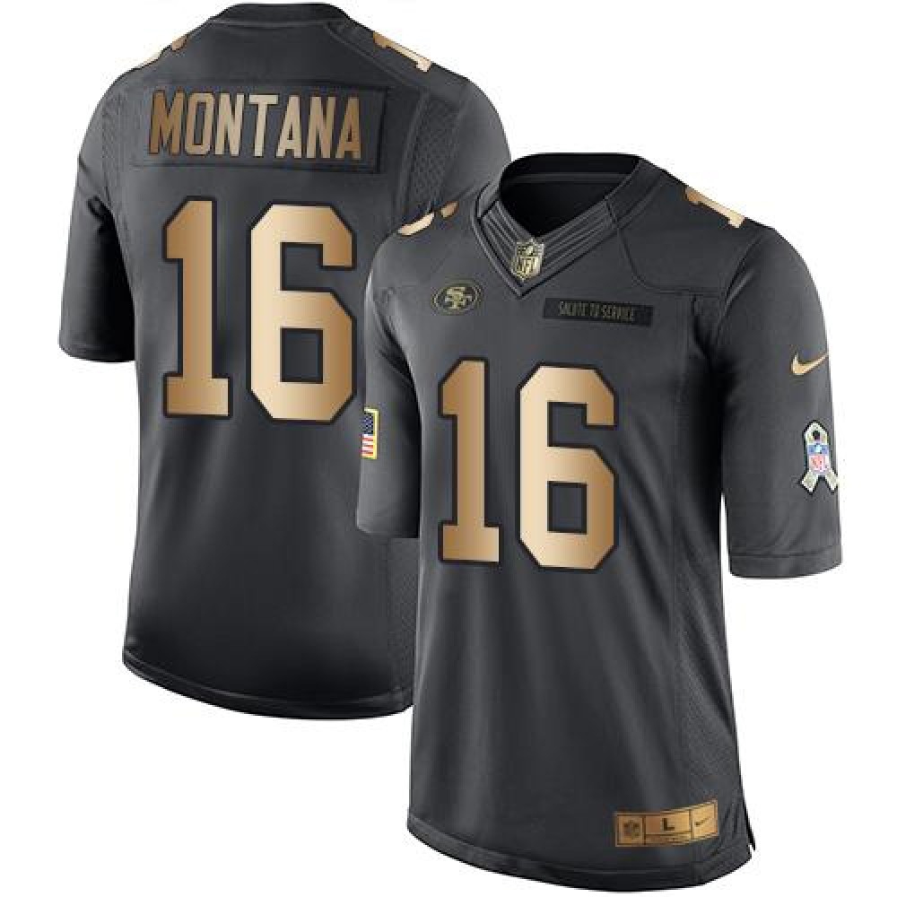 49ers #16 Joe Montana Black Men's Stitched NFL Limited Gold Salute To Service Jersey
