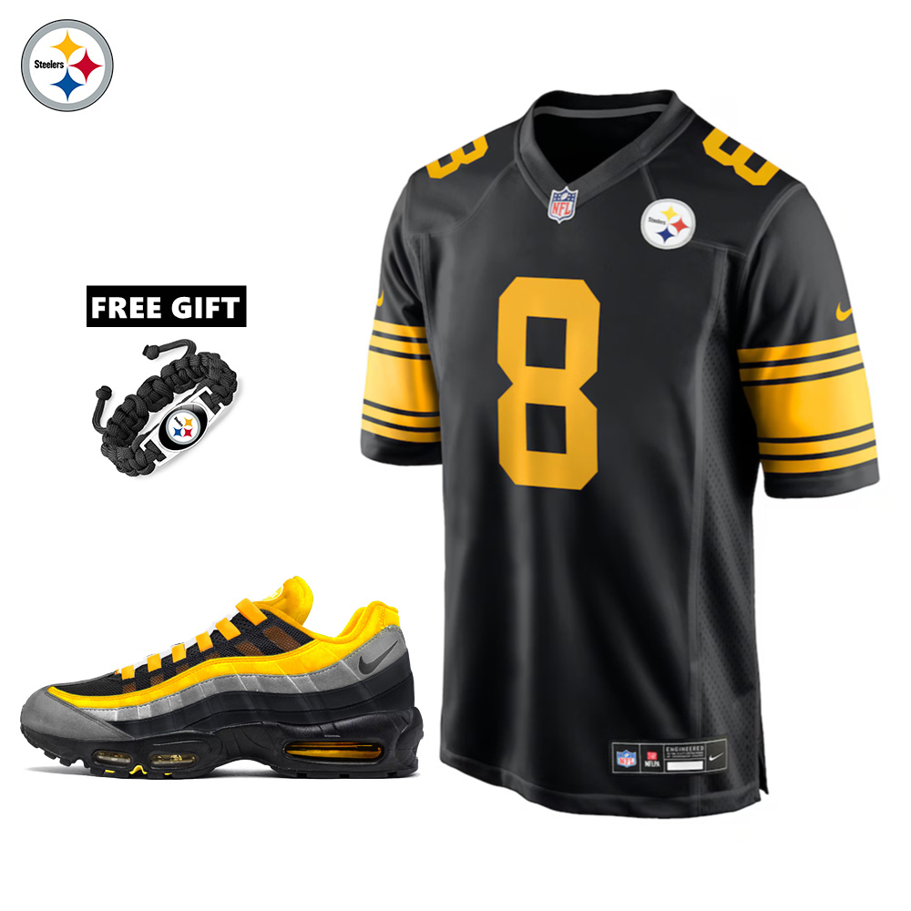 🔥Combo Sale - Pittsburgh Steelers Aaron Rodgers Nike Black Alternate Game Jersey & Air Max 95 Team Color Sneakers